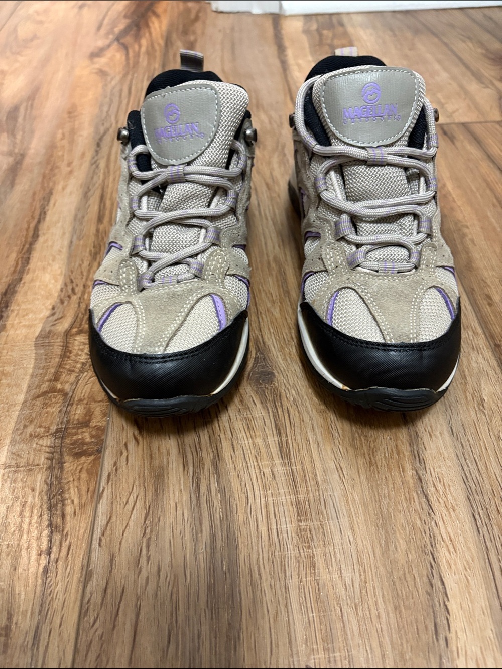 Magellan Outdoors Women’s Tan Sneakers with Purple Highlights and Black Toe
